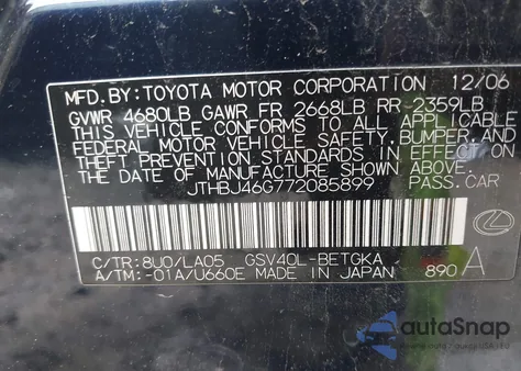 2007 Lexus Es 350 from USA, damaged, VIN JTHBJ46G772085899
